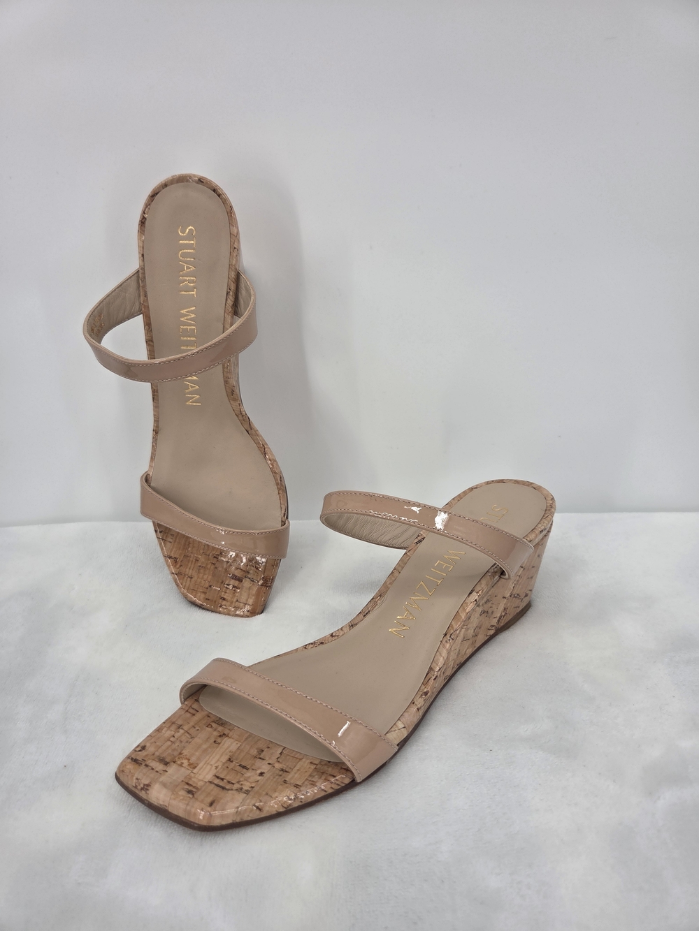 Stuart Weitzman Aleena Nude Patent Leather Cork Wedge Sandals 6.5